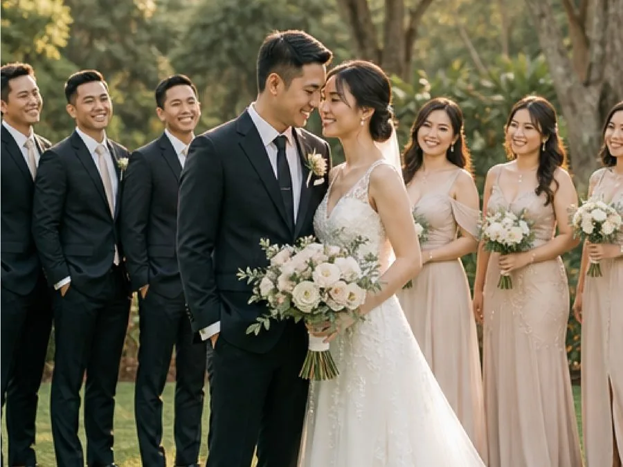 Kedua mempelai berhadapan di taman saat matahari sore, diapit groomsmen dan bridesmaids.